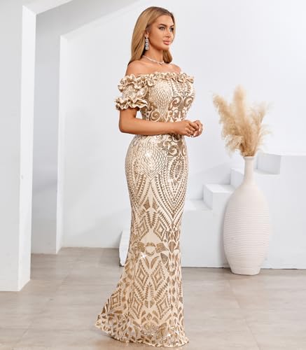 Image of dasmzper Women Sexy Sequin Off Shoulder Ruffle Short Sleeve Bodycon Mermaid Party Formal Evening Maxi Dress