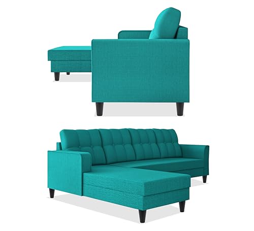 Image of Adorn India Maddox Tufted L Shape 6 Seater Sofa Set LHS (Aqua Blue) (3 Year Warranty)