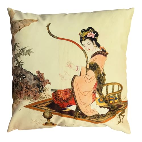 whooplaArt Chinese Lady Playing Konghou 18x18 Inch Throw Pillow Case, Double-Sided The Twelve Beauties of Jinling Printed Cushion Cover for Living Room, Bedroom