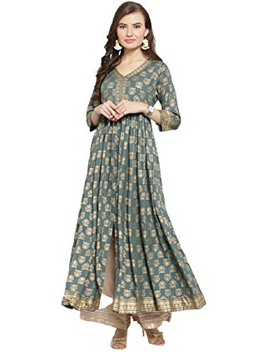 shopNstyle Indian Designer Party Wear Top Tunic Dresses Anarkali Kurti Kurta Palazzo Set for Women (M, Grey)
