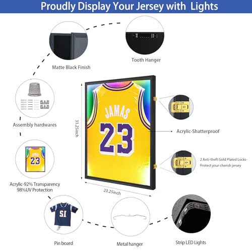 Image of Jersey Frame with LED for Wall, Large Lockable T-Shirt Shadow Box with LED Light & Clear UV Protection Acrylic & Hangers for Football Basketball Baseball Soccer Hockey, Matte Black 1 Pack