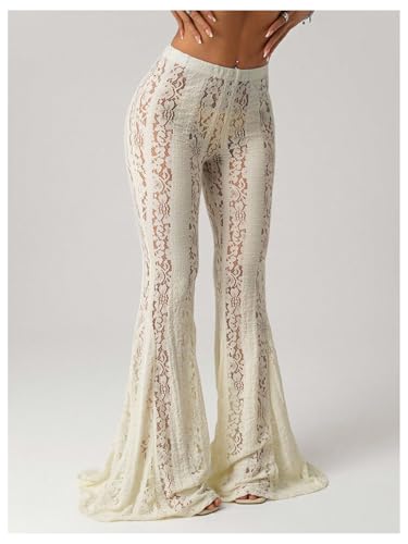 Milumia Women's Floral Lace Sheer Flare Pants Elastic Low Waist Skinny Flowy Party Bell Bottoms Trousers4
