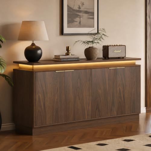 Image of LKTART 65.7 inch Sideboard Buffet Cabinet with Storage,LED Lights,Walnut