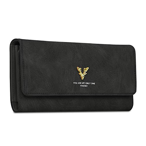 Bioasis - Monedero para mujer con protección RFID, cartera 10 compartimentos tarjetas, compartimento el teléfono móvil, monedas y cremallera, monedero largo, color negro Cover