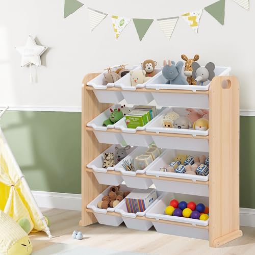 VECELO Kids Toy Storage Organizer with 12 Pcs Bins, Wooden Toy Sh...