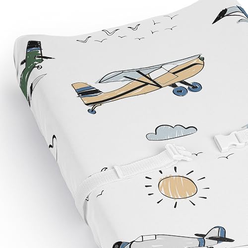 Sweet Jojo Designs Vintage Airplane Boy Baby Changing Pad Cover Sheet Infant Newborn Diaper Table Change Mat Cover Grey Green Blue White Yellow Airplanes Plane Transportation Clouds Sun Sky Aviator by Sweet Jojo Designs - Image 4