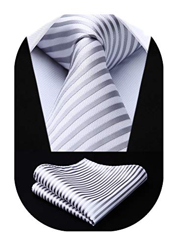 Image of HISDERN Stripe Tie Mens Ties with Pocket Square Set Classic 3.4'' Silk Formal Necktie Handkerchief for Business Wedding