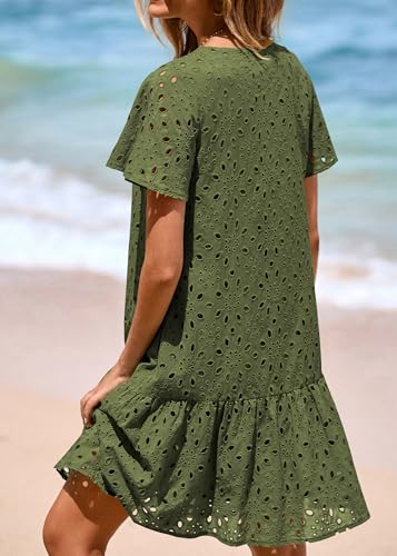 KIRUNDO Eyelet Dresses for Women Button Down Mini Babydoll,Army Green,M — view 2