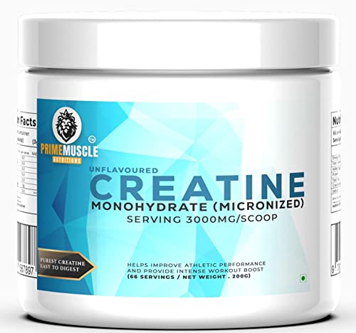 Image of PRIME MUSCLE NUTRITIONS Creatine Monohydrate Powder 66 Servings(Unflavoured,200 grams) Micronised Unflavoured Rapid Absorption Enhanced Muscle Strength&Power Fast Recovery Increases Muscle Mass
