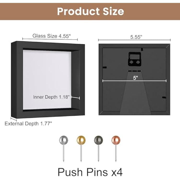 Califortree 5x5 Small Shadow Box Picture Frame with Soft Linen Back - Push Pins Included, Memory Shadow Box Display Case, Black