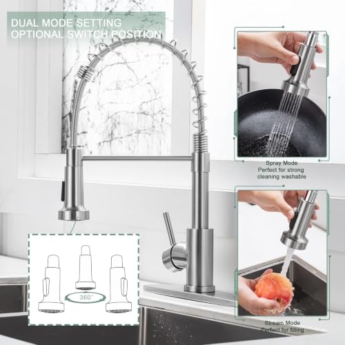 Image of WEWE Brushed Nickel Kitchen Faucet with Pull Down Sprayer, Single Handle Stainless Steel Sink Faucet with Deck Plate, 1 or 3 Hole Faucet for Kitchen, Laundry and RV