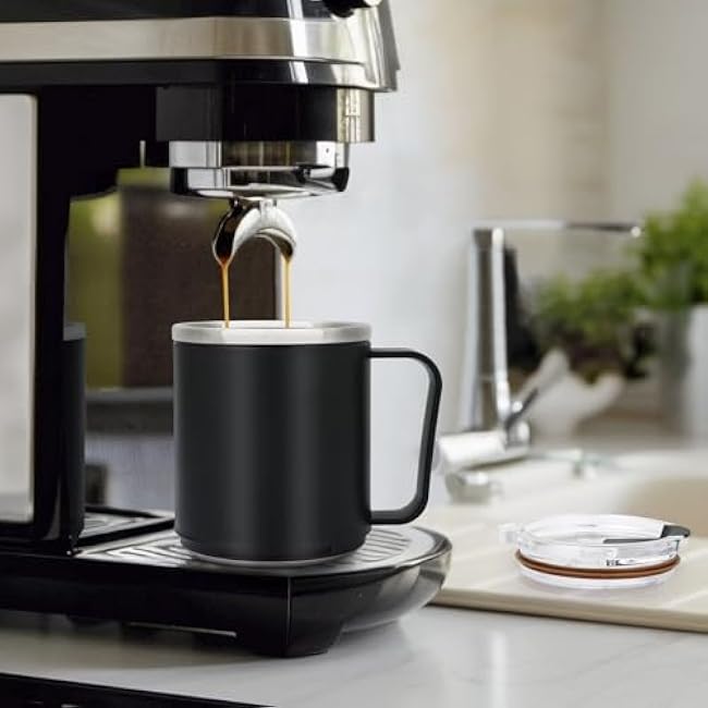 VOBAGA 15oz Stainless Steel Coffee Mug with Flat bottom and Handle, Work with Coffee Warmer for Rapid Heating Coffee, Tea and Milk Office Desk Accessories Black