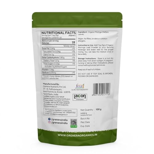 Image of Grenera Organic Moringa Powder 100g, Moringa Leaf Powder (Sahjan /Drumstick), Certified Organic, Pure Shigru Powder
