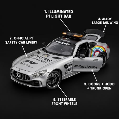 Image of Mercedes AMG GT F1 Safety Car 1:24 Scale Die Cast Metal Car - Pull Back Sports Coupe in Silver with Openable Doors & Hood, Light & Sound, Steerable Wheels, Showpiece for Kids