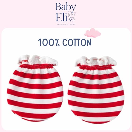 Image of Baby Eli Cotton Newborn Mittens (Picot Wrist) Set of 6 for Baby Boys & Girls 0-6 Months | Soft and Cozy Unisex Infant Gloves | Assorted Baby Hand Gloves | Adjustable Scratch Protection
