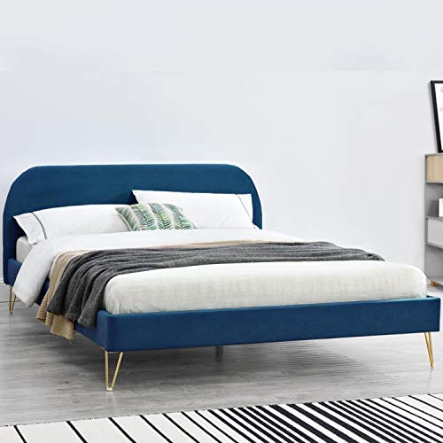 CONCEPT USINE - Lit Phoenix Double en Velours Bleu avec Sommier à Lattes 2 Places Intégrés - Couchage 160 x 200 cm - Cadre de Lit Scandinave Tendance 2...