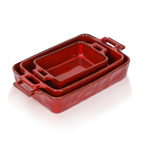 VICRAYS Ceramic Bakeware Set - Porcelain Rectangular Baking Dish Set for Lasagna, Casseroles, and More - 3 Pcs (Cherry Red, 15 x 8.5 Inches)