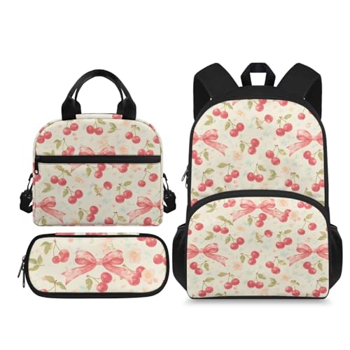 Kids 3 in 1 Backpack Set with Lunch Box and Pencil Box Lightweight Preschool Pastel Cherry Bow Backpack for Boys Age 3-8, Camping Bags Elementary Student Bookbag