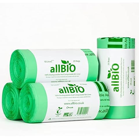 allBIO 10 Litre Extra Thick Compostable Food Waste Kitchen Caddy Liners/Bin Bags - 100 Liners Cover