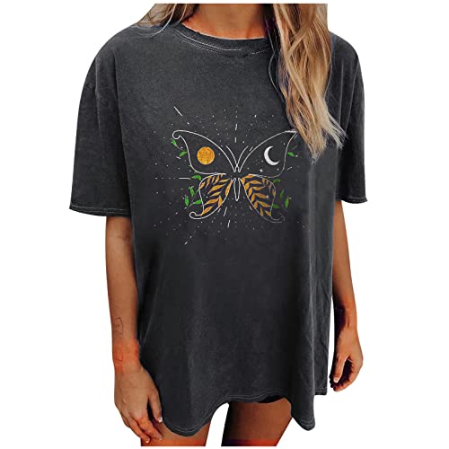 Women's Graphic Oversized Tees Summer Short Sleeve Butterfly Print Tops Loose Casual Pullover Round Neck T-Shirts #TOP14