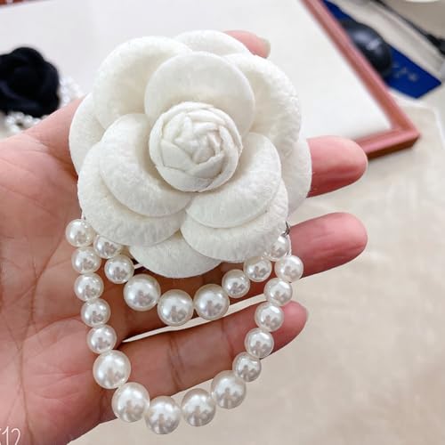 Image of Vintage Camellia Pearl Tassel Brooch Pin Bracelet Dainty Handmade Flower Beaded Tassel Brooch Red /Black /Pink /Grey /Blue /White Camellia Brooch Lapel Pins Wedding Party Birthday Christmas Jewelry for Women