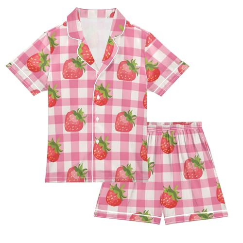 ALAZA Plaid Strawberry Satin Pajamas Set Short Sleeve Button Down Sleepwear Summer Pjs 2 Piece