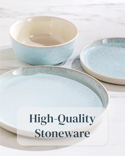 Modern Dinner Plates Set - 8 Beige Blue Stoneware Plates, 10.2\" With Lipped Edges - Dishwasher & Microwave Safe