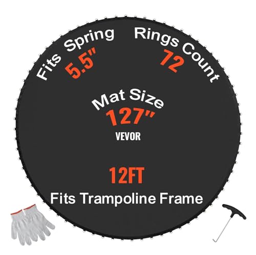VEVOR Tapis de rechange pour trampoline, tapis de saut de remplacement universel pour trampoline rond avec cadre de 365 cm, résistant aux UV, avec anneaux en V durables, convient pour ressort de 14 cm
