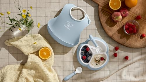 Image of BabyBjorn Mealtime Set, 4 pc, Powder blue | Includes Baby Plate, Baby Fork, Baby Spoon, and Baby Cup | Dishwasher Safe | Toddler feeding set for self-feeding or baby-led weaning