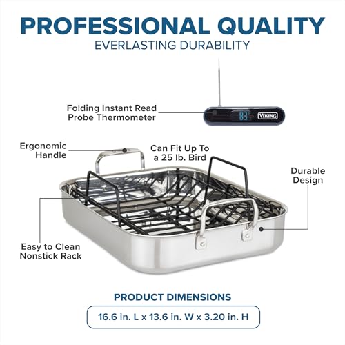 Image of Viking 3-Ply Stainless Steel Roasting Pan with Non Stick Rack, 16 x 13 Inch Kitchen Cookware, Great for Turkey, Includes Probe Thermometer, Dishwasher and Oven Safe, Induction Ready, Silver