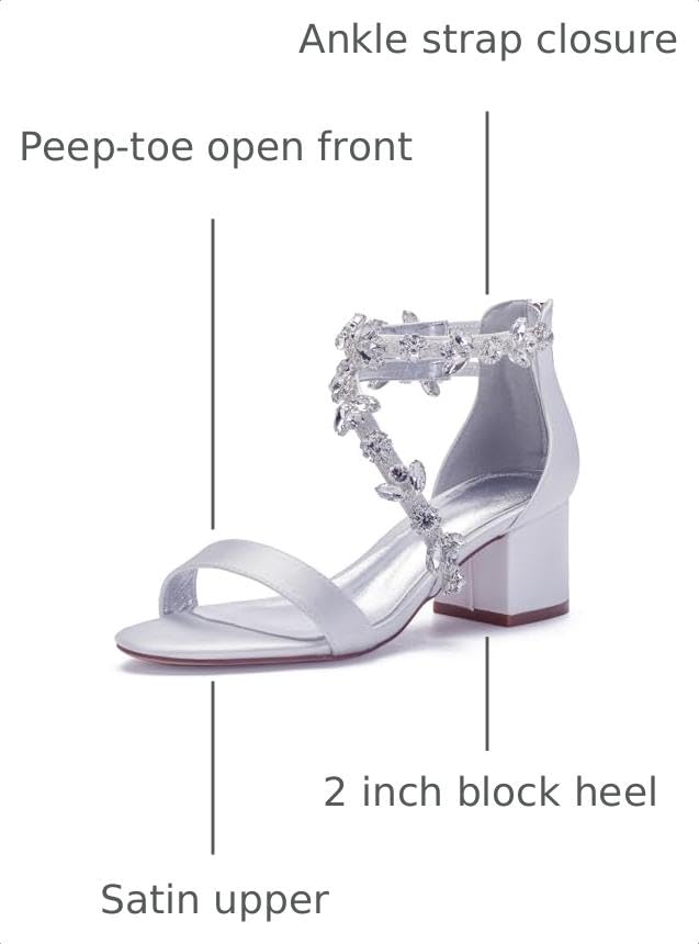Image of Anna's Bridal Women's Low Block Heel Sandals Chunky Ankle Strap Crystal Wedding Dress Shoes Low Heel Comfortable Pump Sandals
