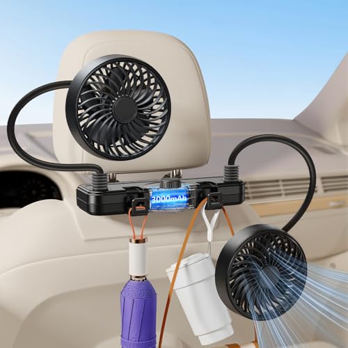 xuenair Ventilador recargable de 3000 mAh de doble manguera 360 para coche, SUV, RV, camioneta, reposacabezas de vehículo, ventilador de asiento de coche para bebés y niños, orientación trasera