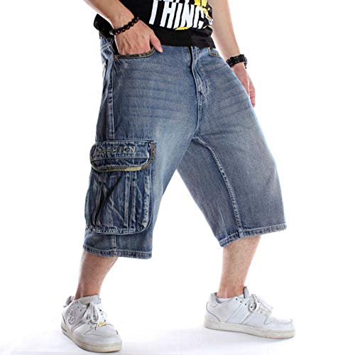Shorts Running Casual Mens Plus Size Losse Baggy Denim Korte Mannen Jeans Mode Streetwear Hip Hop Lange 3/4 Capri Cargo Shorts Pocket Bermuda Mannelijk Blauw 38 Blauw