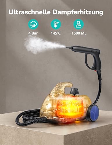 Aspiron Dampfreiniger, Dampdruck 4 bar, 145°C Heißdampf, Multifunktionaler Dampfreiniger mit 18 Zubehörteilen, mit Aufbewahrung, Steam Cleaner für Auto, Bett, Teppich, Badezimmer, Fliesen und Böden