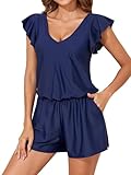 Smismivo Swim Romper with Built in Bra and Pockets Modest One Piece Swimsuit for Women Sleeve Boyleg Jumpsuit Bathing Suit Full Coverage Ruffle Swim Dress Swimming 1 Piece Swim Swimwear (Navy Blue)