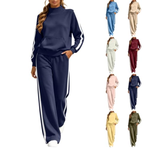 Fall 2 Piece Sets for Women Dressy Mock Neck Pullover & Sweatpants Outfits | Womens Sweatsuits 2 Piece Set, Loose Fit, Side Striped, Sweatshirts with Kangaroo Pocket, Wide Leg Pants, Trendy Travel Sets - image 1