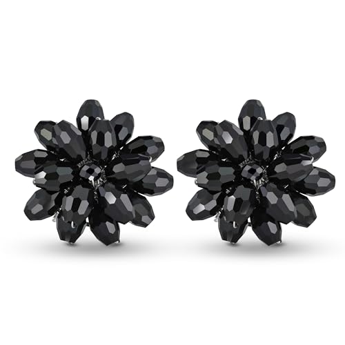 AeraVida Dazzling Black Chrysanthemum Flower Crystals Base Metal Clip on Earrings | Black Flower Clip on Earrings | Black Jewelry Earrings | Chrysanthemum Earrings for Women