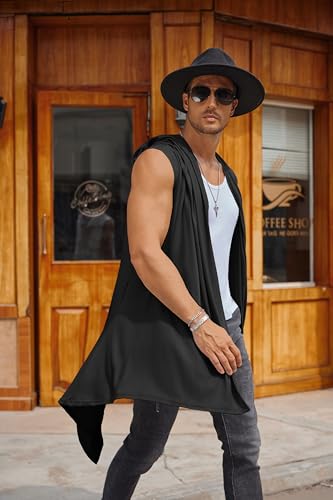 COOFANDY Men's Long Hooded Cardigan Sleeveless Ruffle Shawl Collar Lightweight Open Front Drape Kimono Vest2
