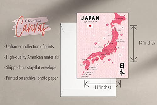 Pink Japan Prints - Set Of 2 (11X14) Inches Glossy Traditional Japanese Country City Travel District Map Sakura Cherry Blossoms Flower Botanical Tokyo Geography Wall Art Decor #TOP2