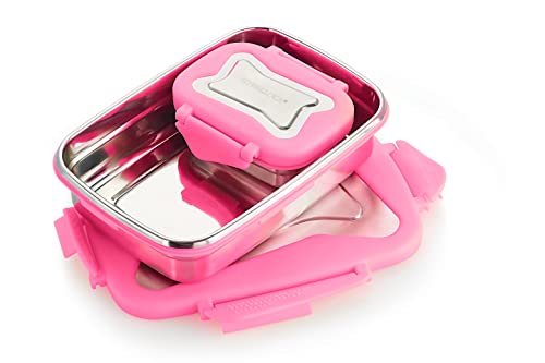 Image of STEELLOCK Smart Stainless Steel Tiffin Lunch Box for Kids and Adults 2pc Set | Airtight & Leakproof | Rectangle Combo for School & Office with Steel Lid | (1pc - 750ml & 1pc - 170ml) Pink