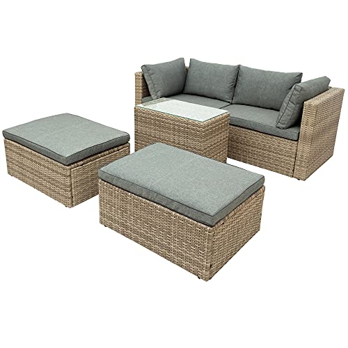 Juego de 5 muebles de patio para exteriores, juego de sofá modular de mimbre de ratán, 2 sillas esquineras + 1 mesa de té + 2 otomanas marrón y gris, tamaño único