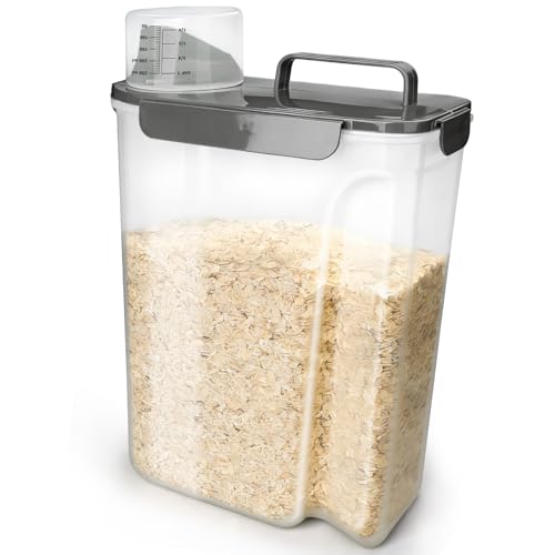 Image of Komzon Rice Storage Containers, Rice dispenser with Pouring Spout Portable Handle for Flour, Pasta, Grain and Baking, Pet Dog Cat Bird Food Container 20 LB Grey