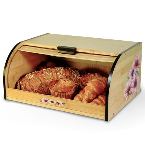 Luv UR Kitchen All-Natural Premium Bamboo Bread Box with Unique Flower Design - Elegant Roll top Bread Box for Kitchen Countertop - Ideal Breadbox for Kitchen Countertop Storage (self-assembly)