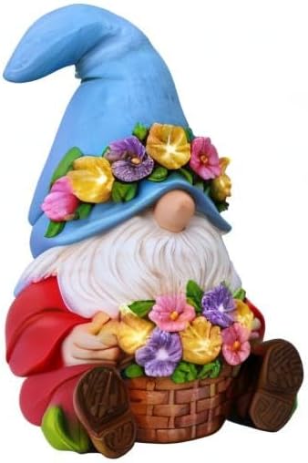 Miniatura 10 de Mood Lab Gnomo de jardín  Estatua solar de gnomo con cesta de flores  Estatua de césped de 9.25 pulgadas de alto con 8 luces LED  para decoración al