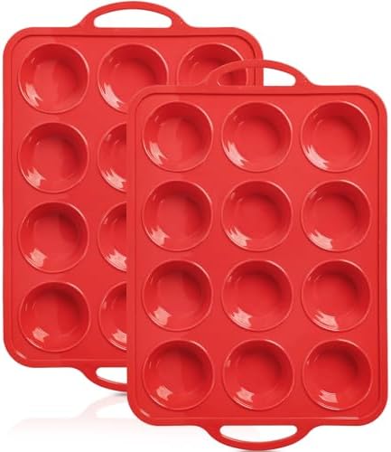 2 Pack Silicone Muffin Pan with Metal Frame, Non-stick Regular Silicone Cupcake Pan with Handles 12 Cup, Silicon Muffin Tin Tray for baking, egg bites, Cupcake Mold, BPA Free Red - Thumbnail 2