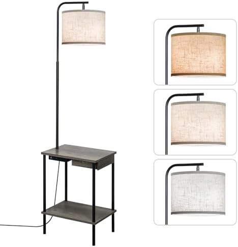 Floor Lamp with Table & Drawers, End Table Lamp with USB Charging Portt Power Outlet and Shelves, Side Table Reading Light with 3 Color Temperature Led Bulb Included for Living Room, Gray