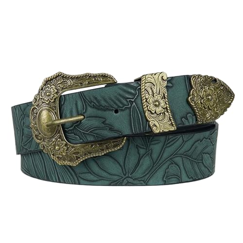Green,110CM/43.3'',Trendy Floral Western Belts for Women Cowgirl Cowboy Country Belt with Silver Carved Gold Buckle
