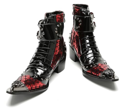 Santimon Men's Gothic Punk Buckle Western Cowboy Boots – Genuine Leather Metal Spiked Toe, Lace-Up Ankle Boots with Buckle & Studs for Club, Party, Stage3