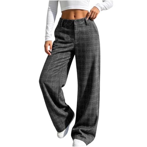 Womens Plaid Straight Leg Pants High Waist Pocket Checked Casual Trousers - image 7