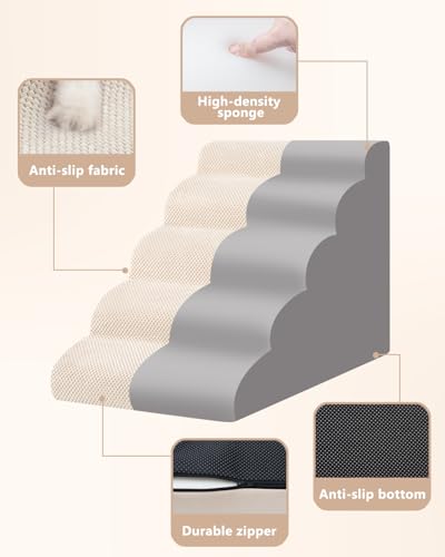 Image of Aodisman Dog Stairs for High Beds,5 Step Pet Ramp for Dogs and Cats,22.4 inch H | High-density foam dog steps for beds and window sills, with a non-slip bottom for puppies and senior cats,comfortable,Beige